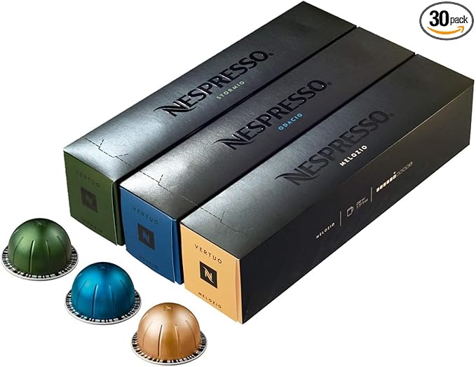 Nespresso Vertuo Coffee Pods, Pack of 30, 10 x Melozio, 10 x Stormio, 10 x Odacio capsules for Nespresso Machines. Make Espressos, Cappuccino and Lattes at home. Recyclable Pods.
